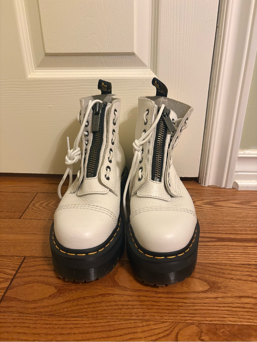 Dr. Martens White Leather Platform Combat Boots with Black Soles